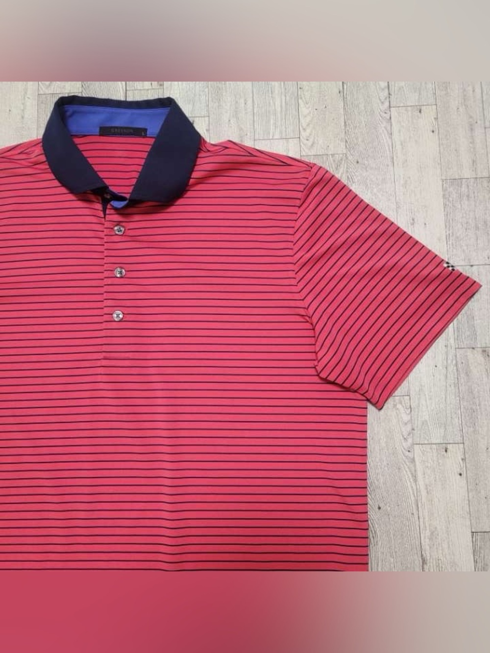 Men's Greyson Wolf Athletic Pink Blue Striped Golf Polo Shirt Size Large GUC